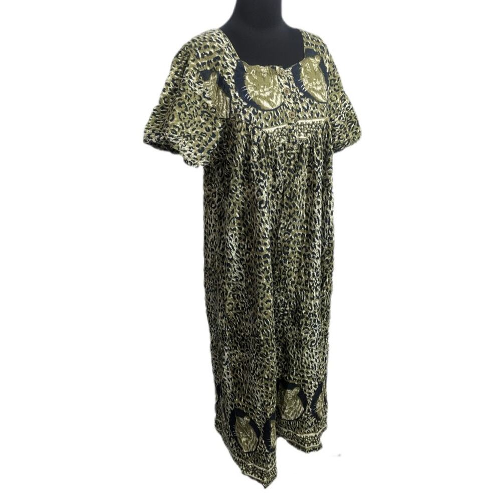 Vintage Olive & Black Wild Cat Midi Dress Large Cotton Pockets Retro House View 2